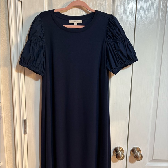 LOFT Midnight Blue Midi Dress with Puff Sleeves - Picture 1 of 4